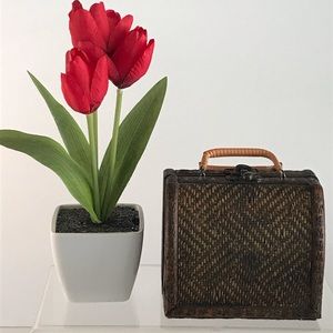 VTG Small Asian Woven Wooden Box Purse With Bronze Latch & Wrapped Handles